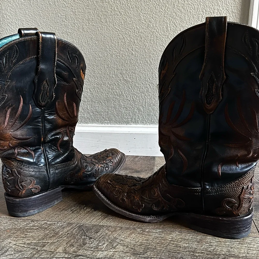 Corral Boots Cognac‎ Teju Lizard Cross Overlay Square Toe Cowgirl C2680 size 8.5 - Picture 12 of 16